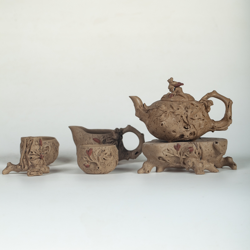 宜兴紫砂壶全手工树桩壶套组170cc原矿段泥收藏佳品