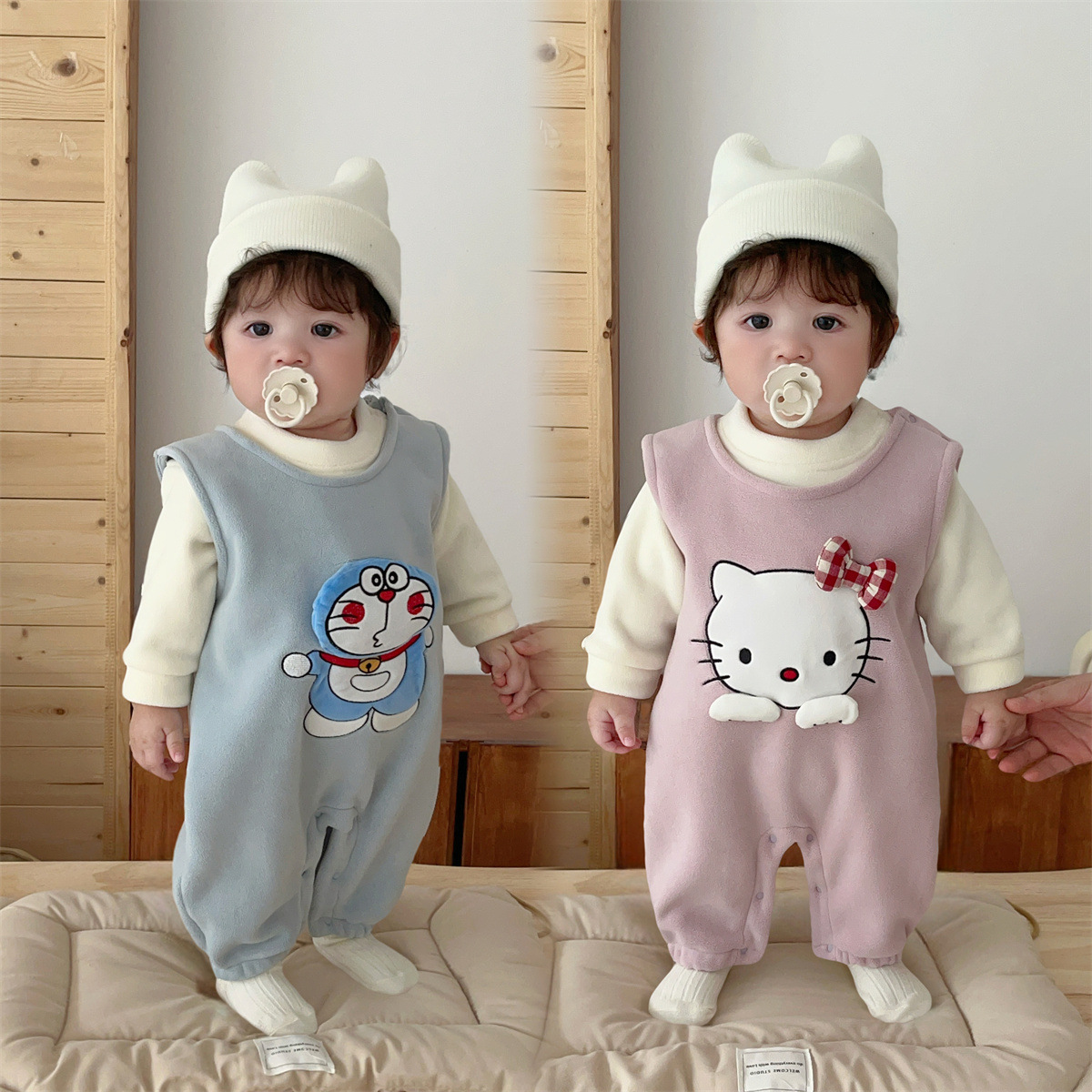 柏丽绒【上衣+背带裤】加绒保暖多啦KITTY新款婴儿连体哈衣外出服