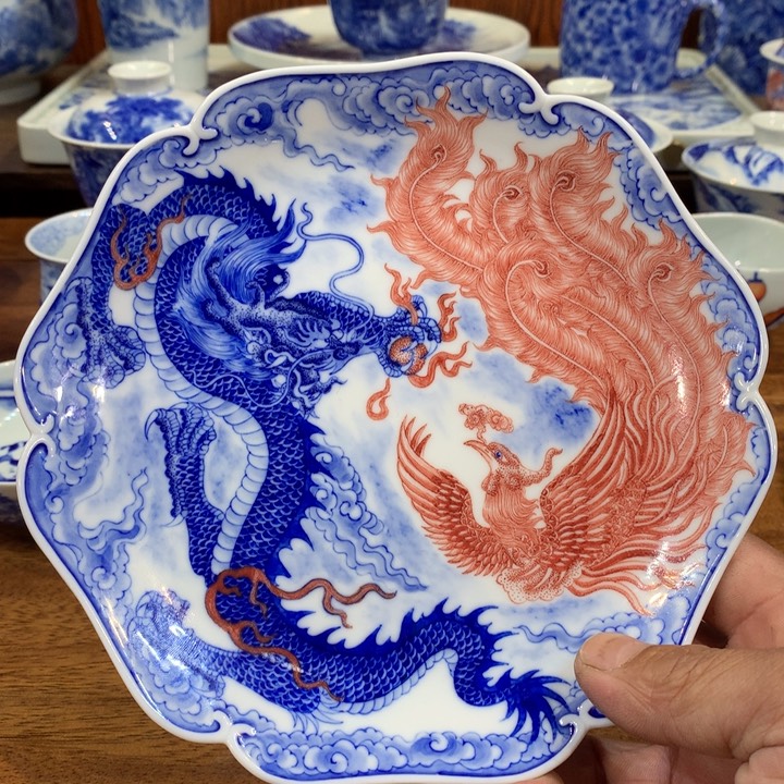自成堂柴窑青花龙凤壶承