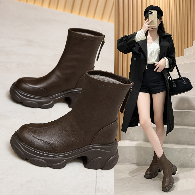 【北梦鞋履】2025年厚底百搭松糕高跟弹力新款后拉链短靴女秋冬复古