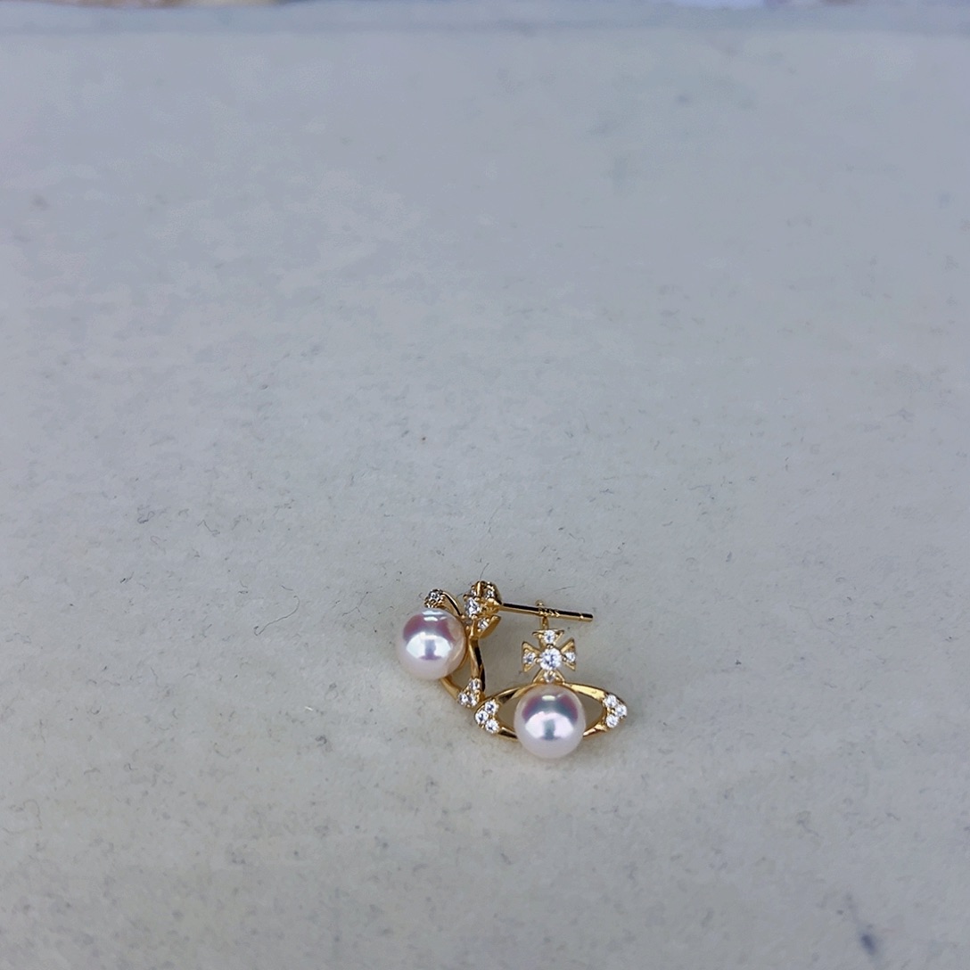 海水珍珠海水akoya土星耳钉5-6mm18K金镶嵌