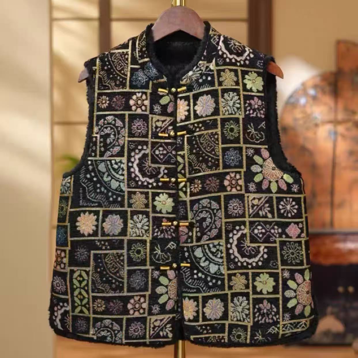 【花汐畔】宽松型秋蝶民族风无袖休闲中式碎花加绒马甲