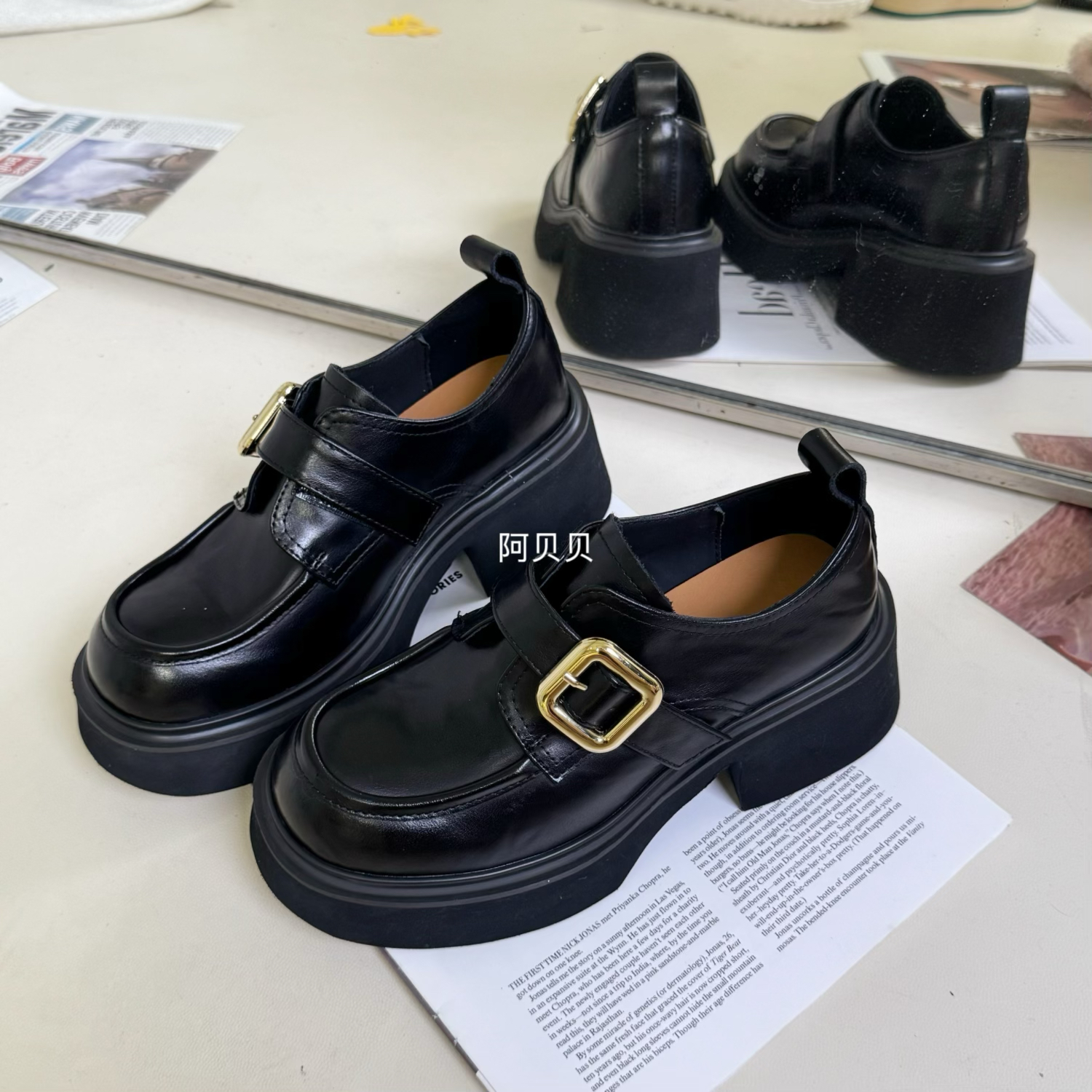 【阿贝贝】2025年春款厚底低帮乐福鞋搭扣魔术贴方头洋气粗跟单鞋女