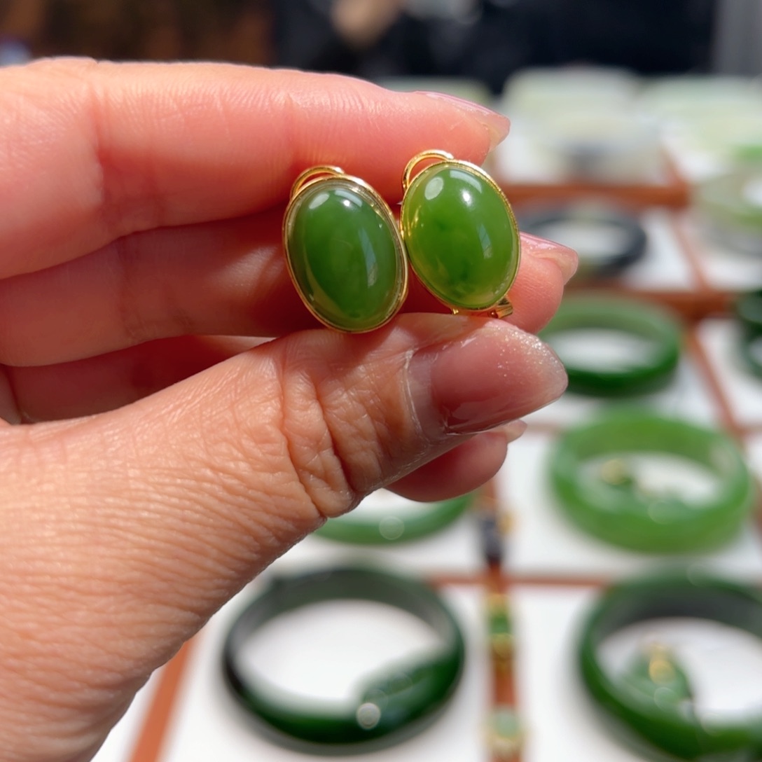 和田玉耳饰银S925镶嵌