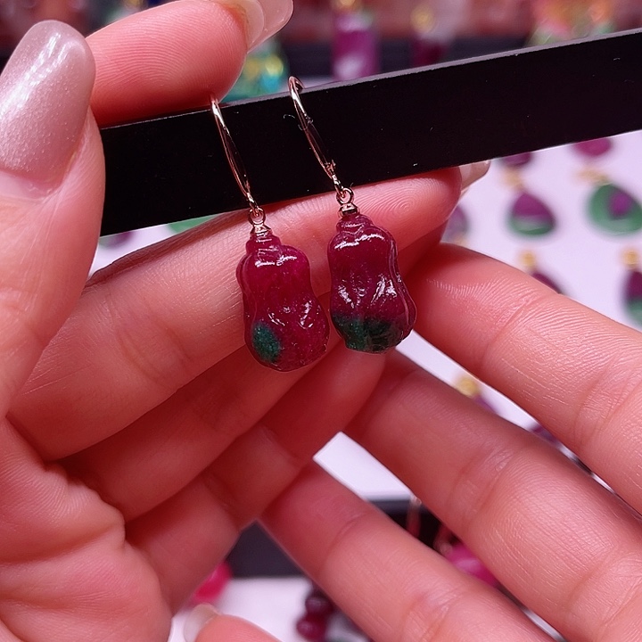 红宝石耳坠白菜银S925镶嵌