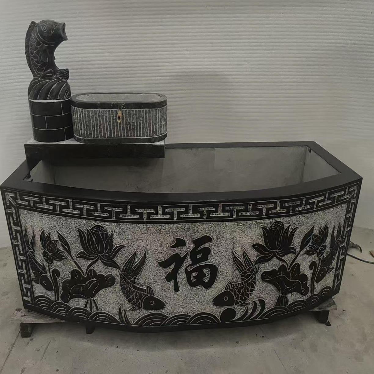 古青石鱼缸工艺品户外庭院长方形石槽养鱼水景装饰石雕圆缸创意