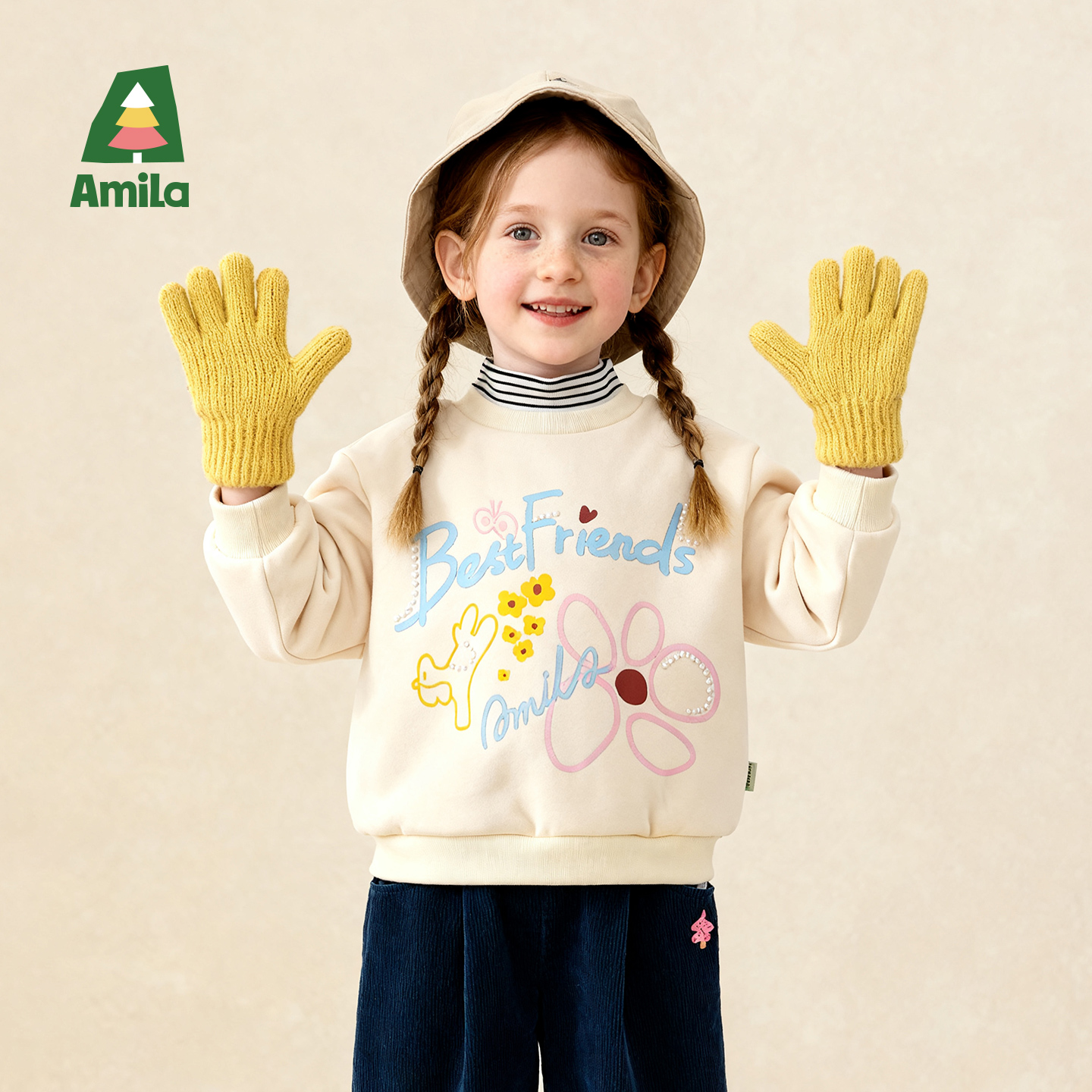 Amila啊咪啦2025冬季新款假两件条纹半高领女童卫衣绒衫XD5WY512