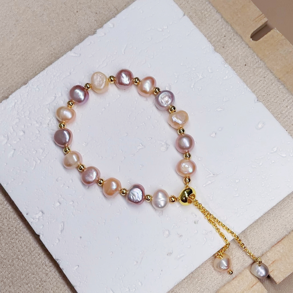 5-7mm天然淡水珍珠巴洛克混彩可调节抽拉绳手链SL007