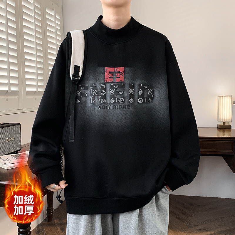 2025冬新款半高领卫衣男青少年加绒加厚保暖立领长袖休闲百搭卫衣