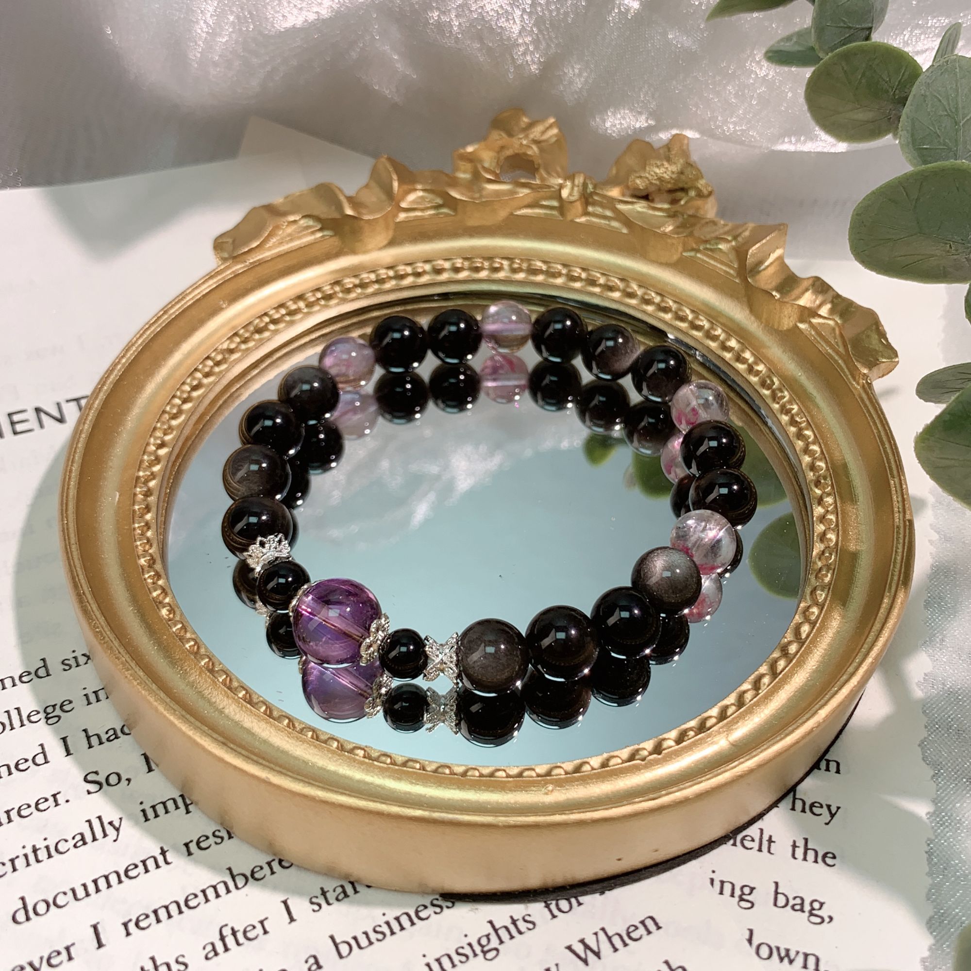 天然银曜石黑曜岩8mm+紫水晶气质设计款手串多样性发一-8150