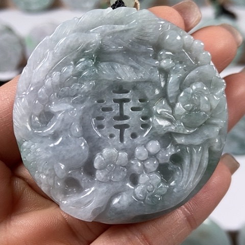 翡翠颈饰未镶嵌山水花开富贵双喜临门两面工福利