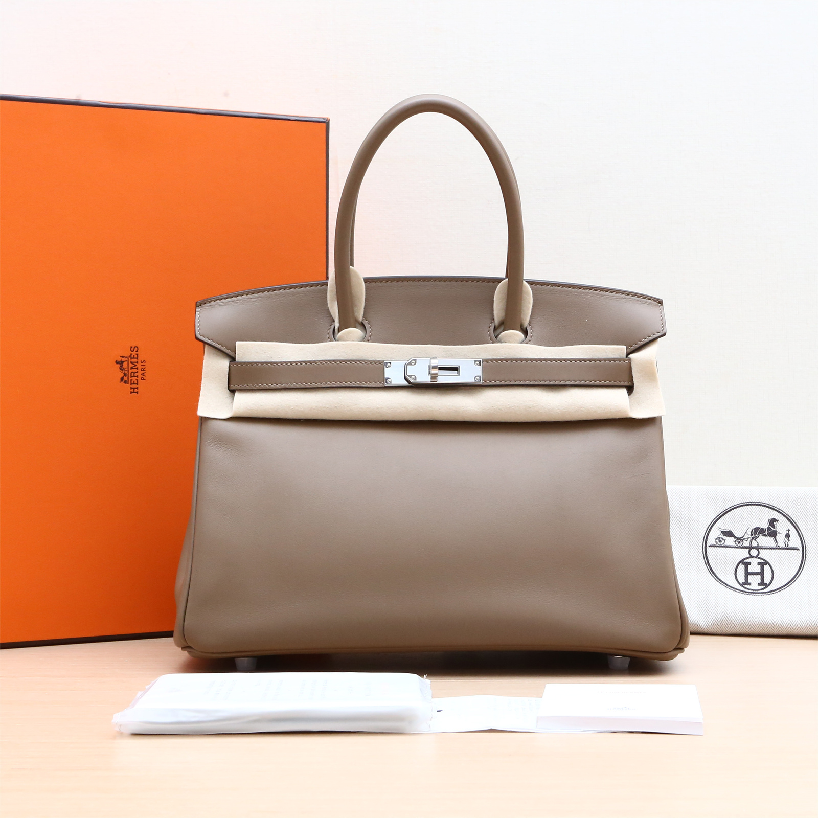 99新 Hermes/爱马仕 小花柳 手提包 30 威玛犬米色 Jona皮 Y刻