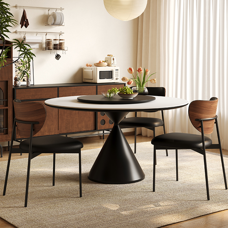 法式复古圆形岩板餐桌椅小户型家用轻奢风黑色极简饭桌圆桌带转盘
