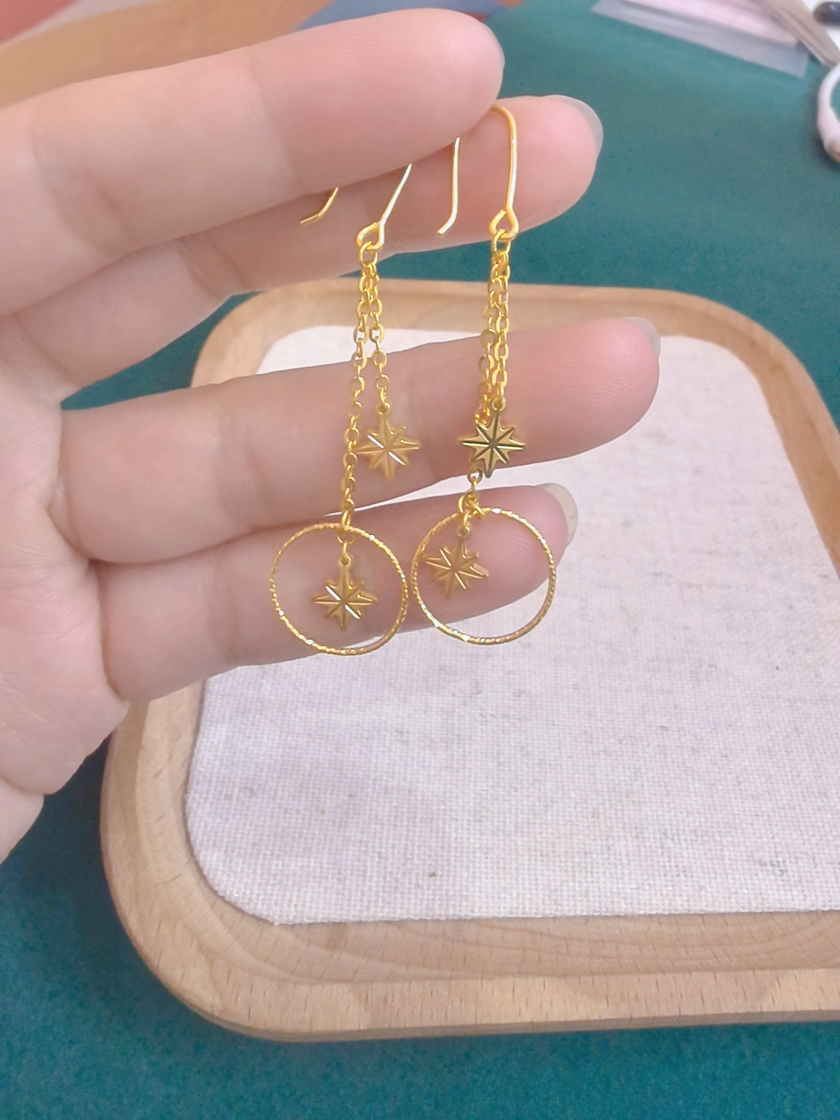 足金999米字圆环滴流耳饰精致百搭黄金首饰足金耳饰1127