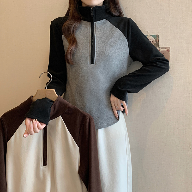 1009（17）冬装新款胖mm大码女韩版时尚立领加厚保暖打底衫长袖上衣