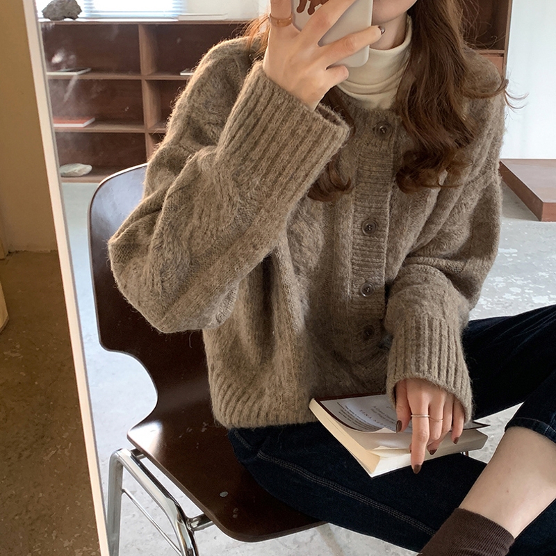 ins软糯绒感粗针绞花单排扣2025春秋新款针织复古开衫毛衣女外套