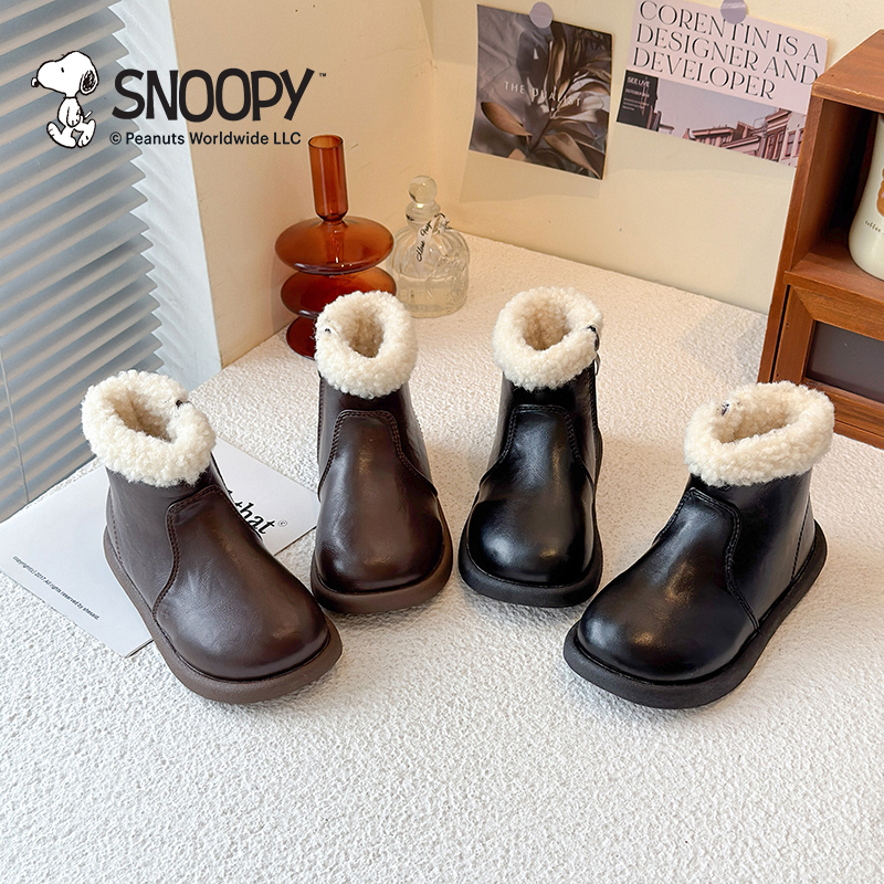 史努比女童短靴公主冬季新款洋气防水保暖皮靴女宝宝防滑加绒小童