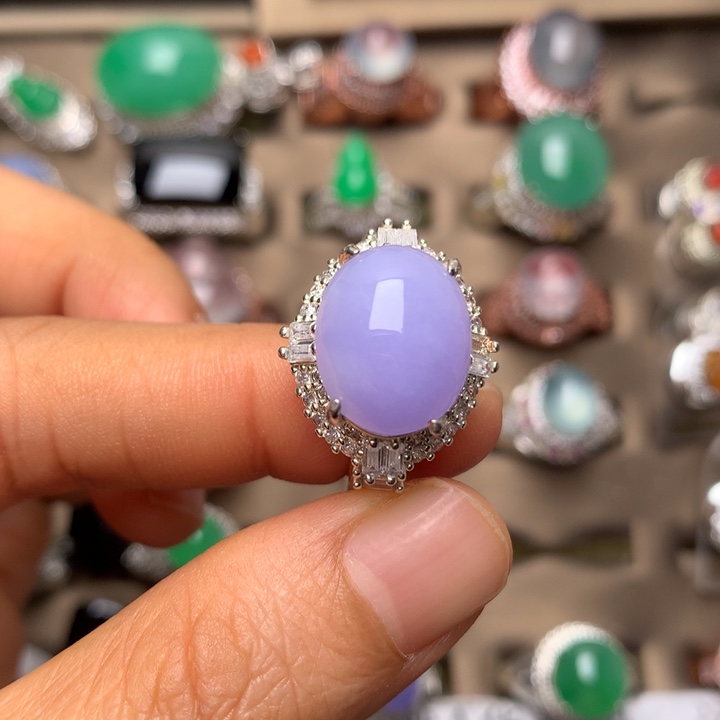 翡翠合金戒指翡翠糯种粉紫戒面