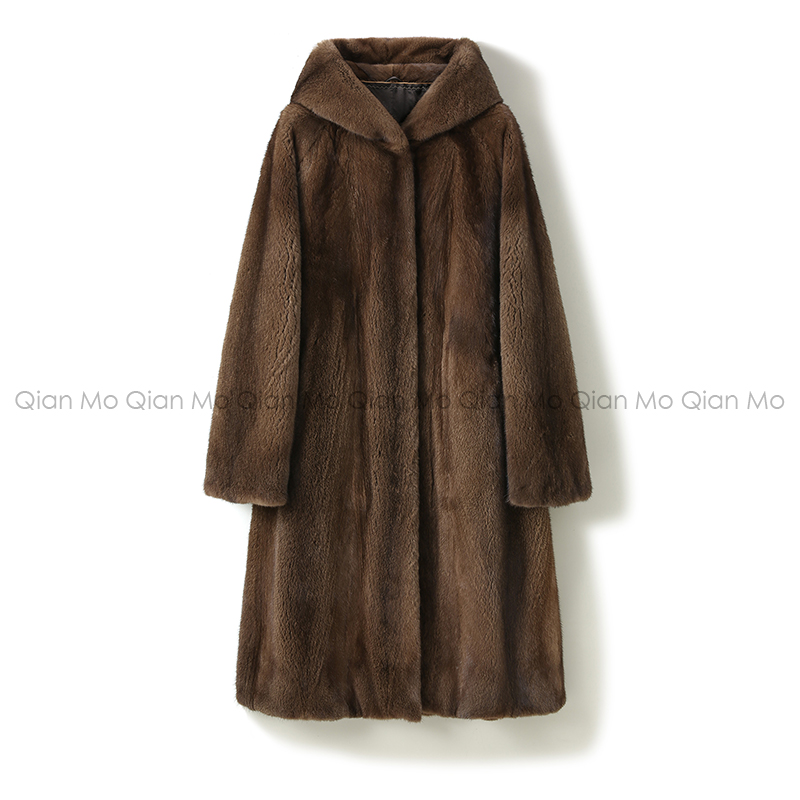 473丹麦紫金皇冠短二天鹅绒水貂女装中长款连帽冬季外套气质