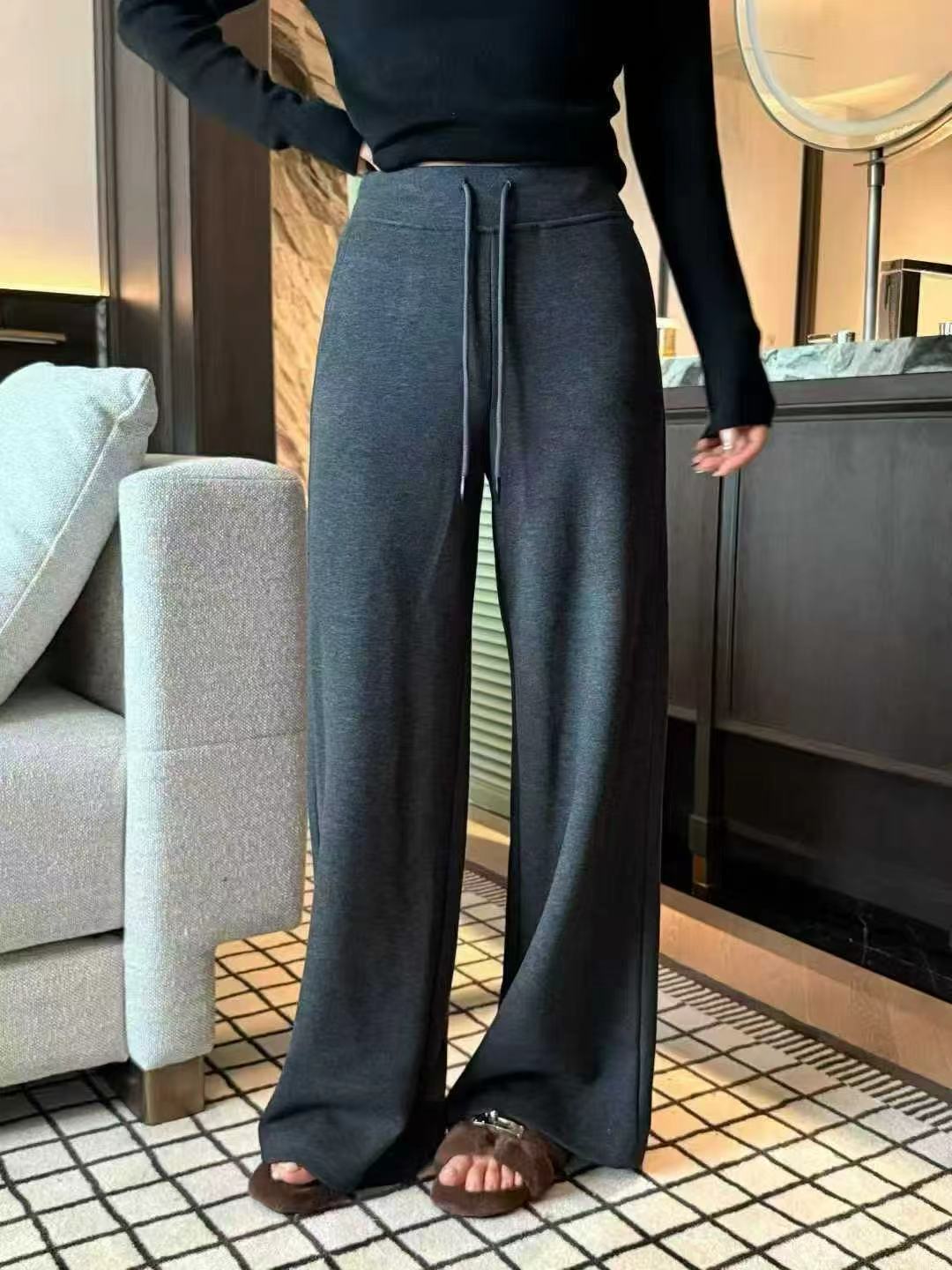 格蕾系美式灰色双腰阔腿裤宽松休闲高腰垂感加绒直筒运动裤6682-1