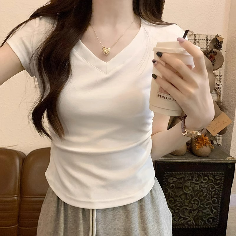 白色v领短袖t恤女2025新款夏季修身紧身短款显瘦小个子甜辣小上衣