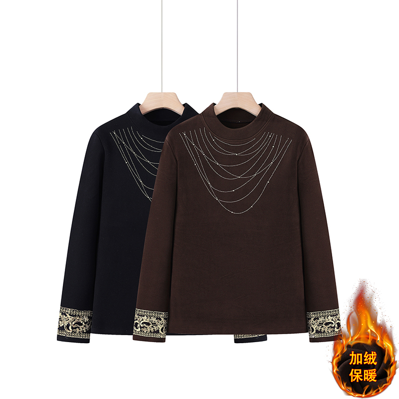 中老年女装半高领打底衫女士德绒内搭烫钻加绒上衣妈妈装冬装衣服