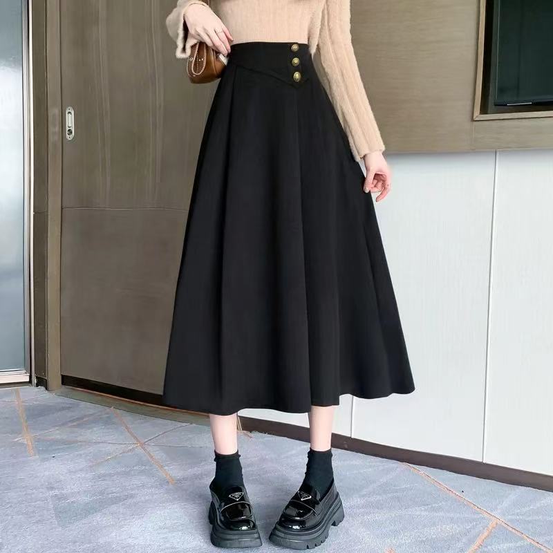 925韩版女士高腰中长款伞裙三粒扣毛呢裙