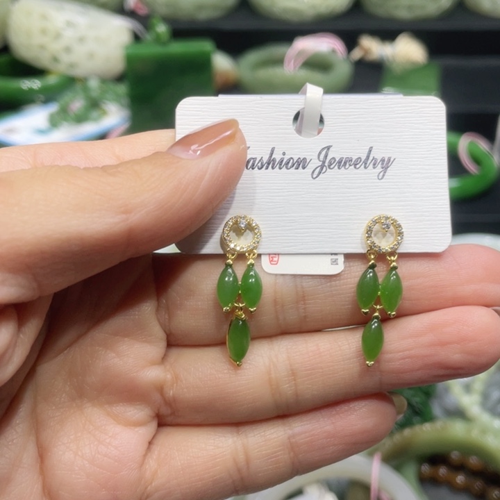 和田玉耳饰银S925镶嵌