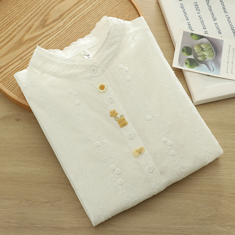 法式文艺蕾丝立领长袖衬衫女高级感立体绣花漂亮别致纯棉打底衬衣