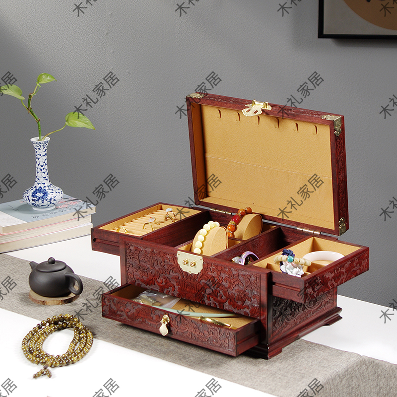 赞比亚紫檀牡丹满雕首饰盒（礼盒+锁）