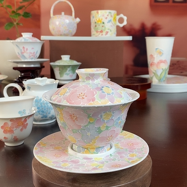 万花釉下盖碗釉下手绘高温