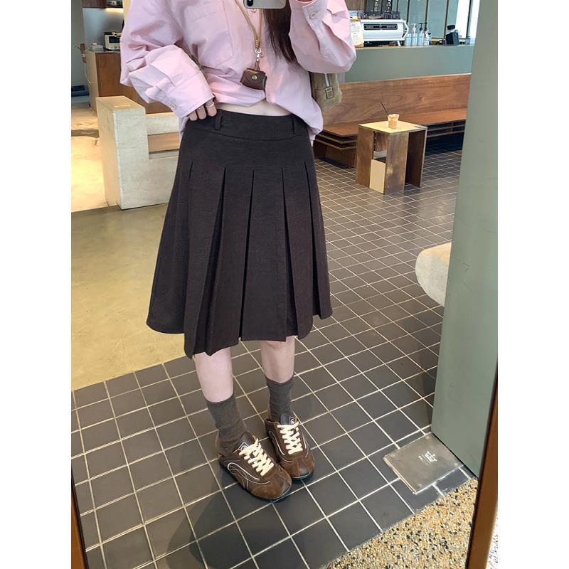 韩系复古百褶a字半身裙女学院风高腰遮肉显瘦气质百搭中裙秋