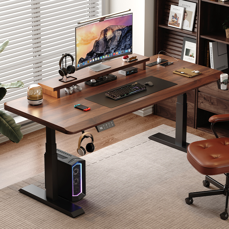 胡桃色实木电动升降桌电脑桌儿童学习桌书桌办公桌电竞桌工作台