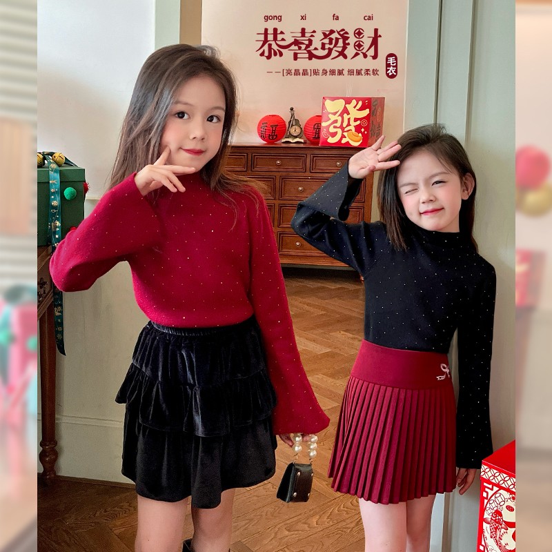 mini旦女童红色毛衣冬季新款小女孩洋气烫钻半高领针织衫打底毛衣
