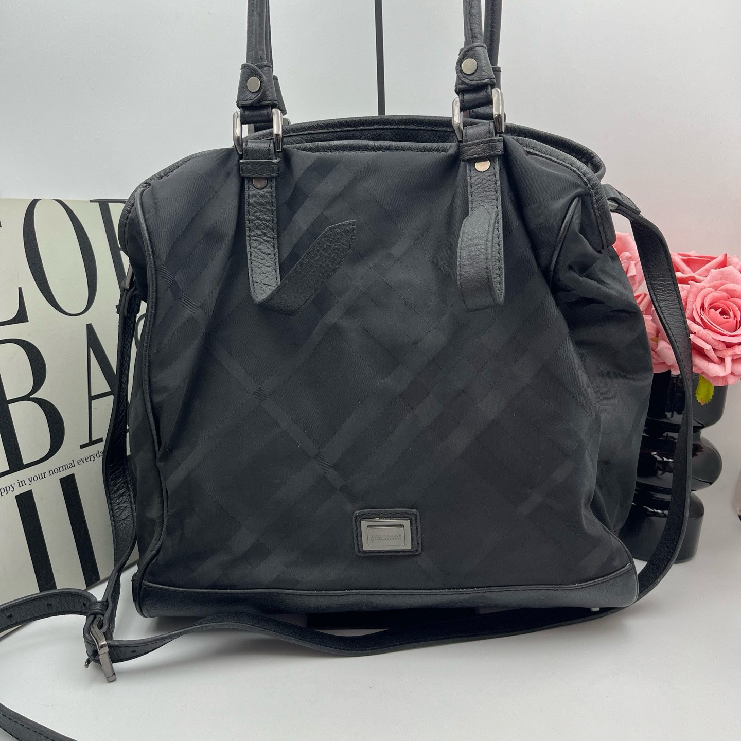 95新 BURBERRY/博柏利 博柏利/bbr黑色格纹斜挎包 xy 7049