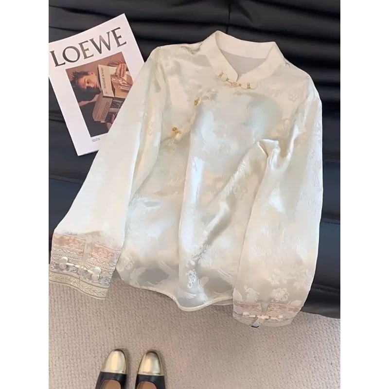 1778新中式立领国风碎花长袖衬衫上衣女装春秋新款衬衣