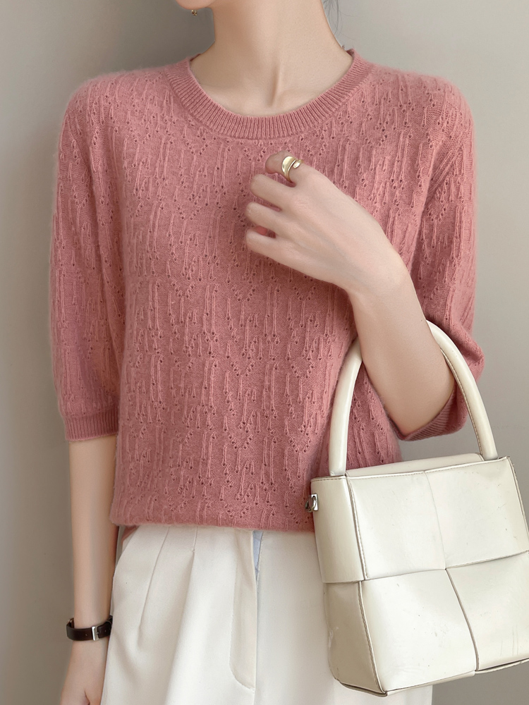 优雅不过时~毛针织衫镂空INS风气质套头百搭中袖圆领夏季-NJR510