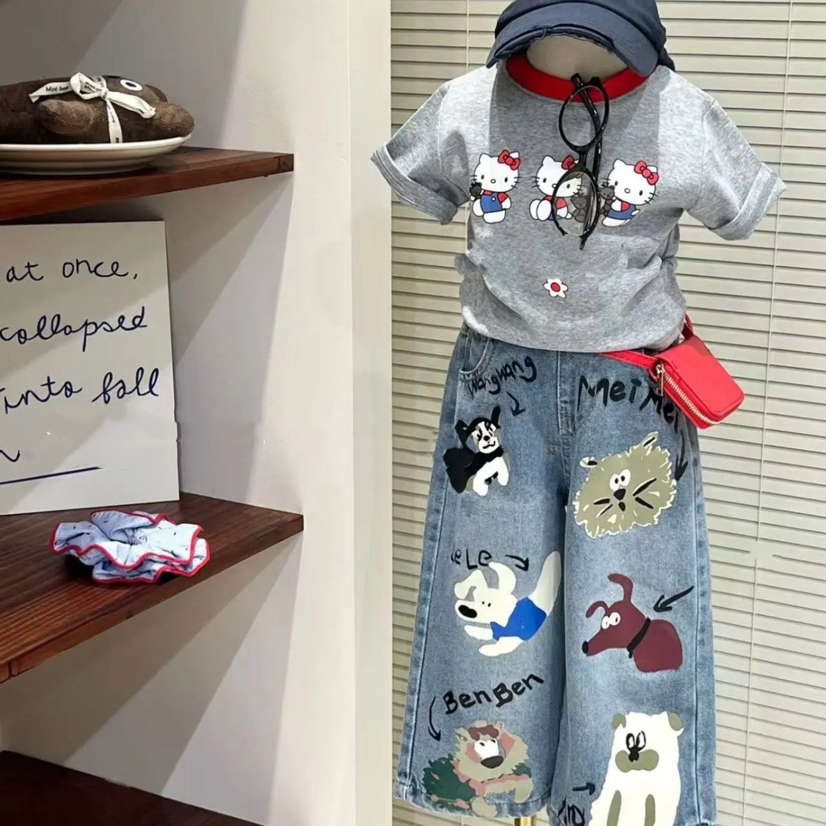女童春夏款套装2025新款儿童女孩短袖时髦卡通涂鸦休闲长裤