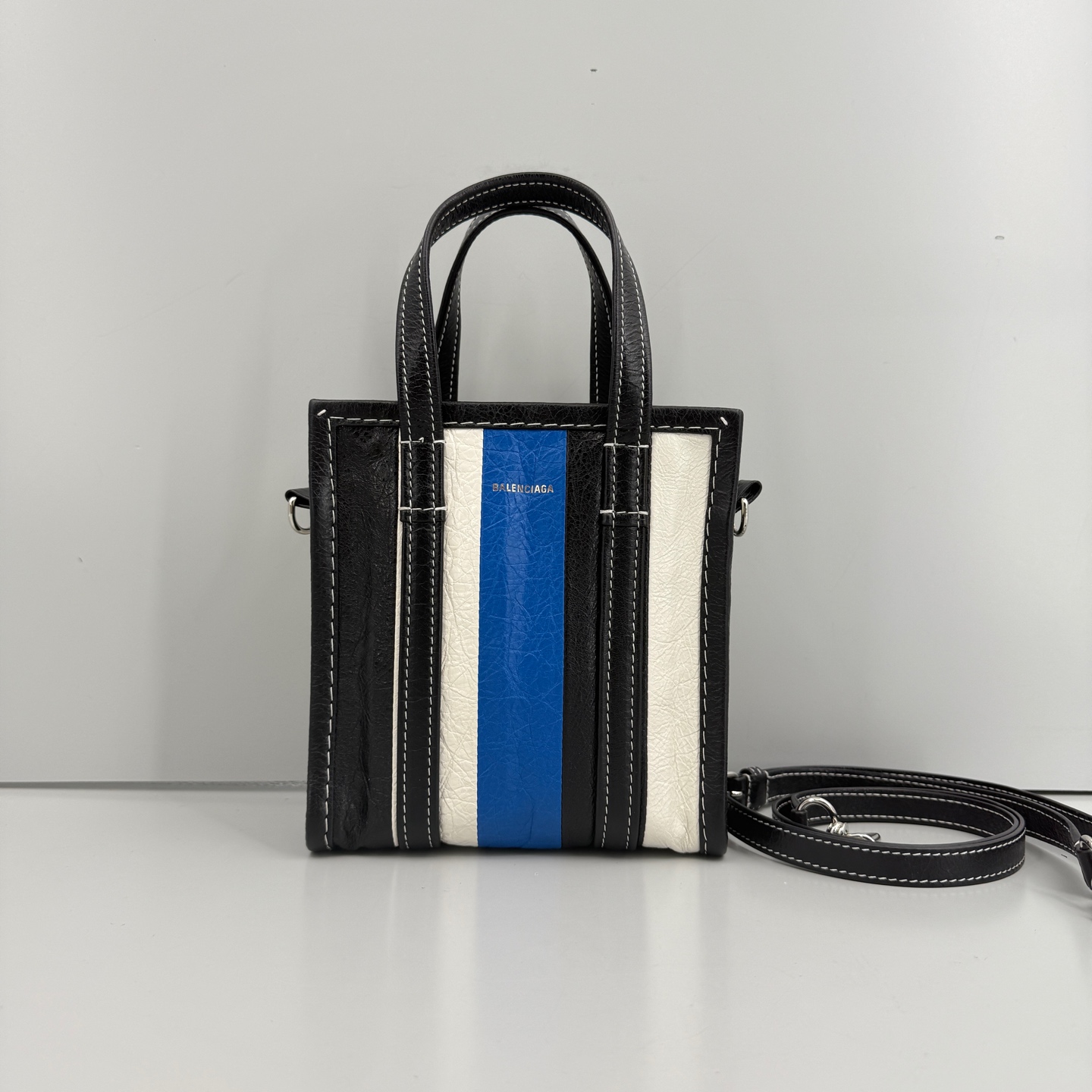95新 Balenciaga/巴黎世家 优选/Bazar拼色条纹迷你手提包/17×18