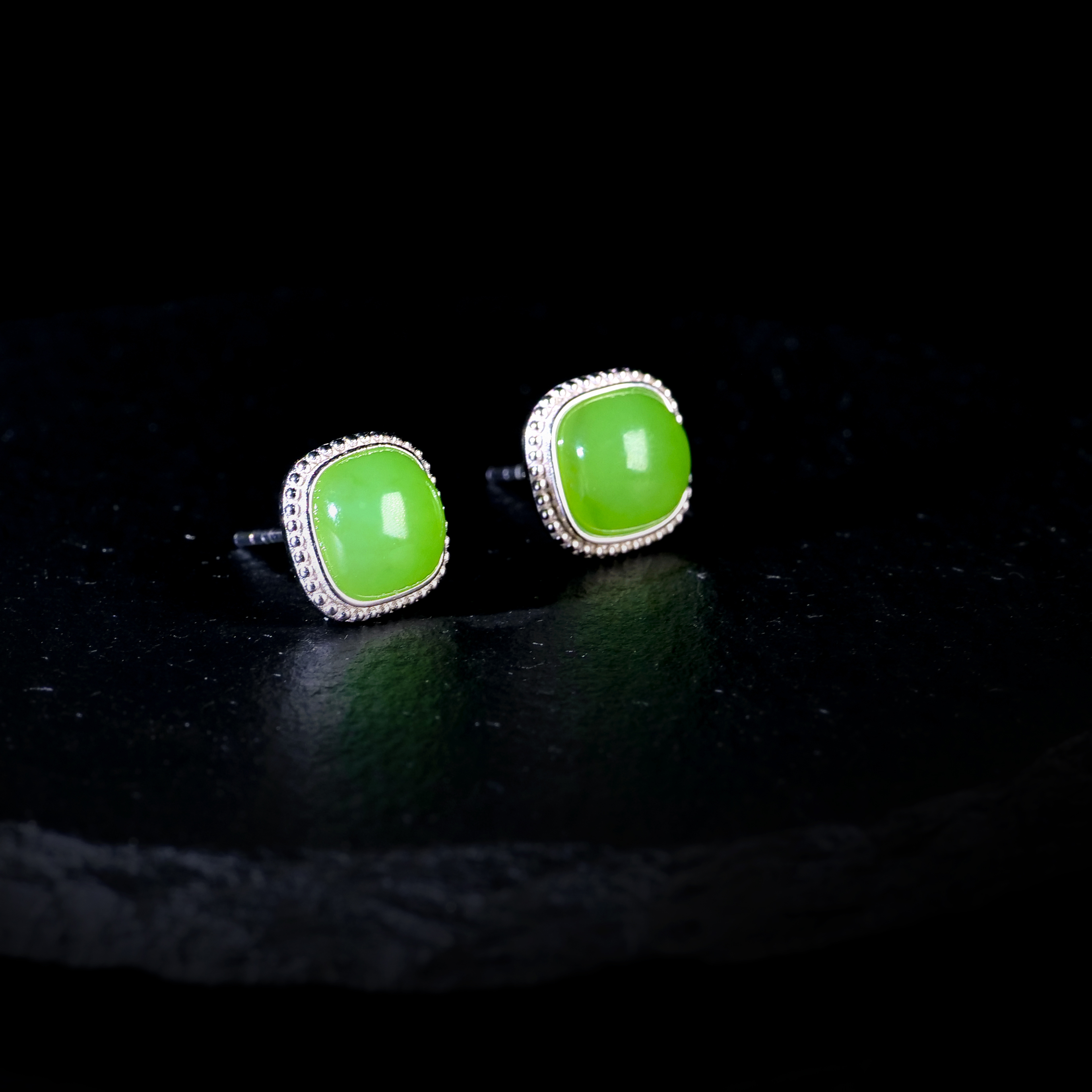 【小雨来了】925银镶和田玉碧方形蛋面耳钉 银耳钉 多样性发一件