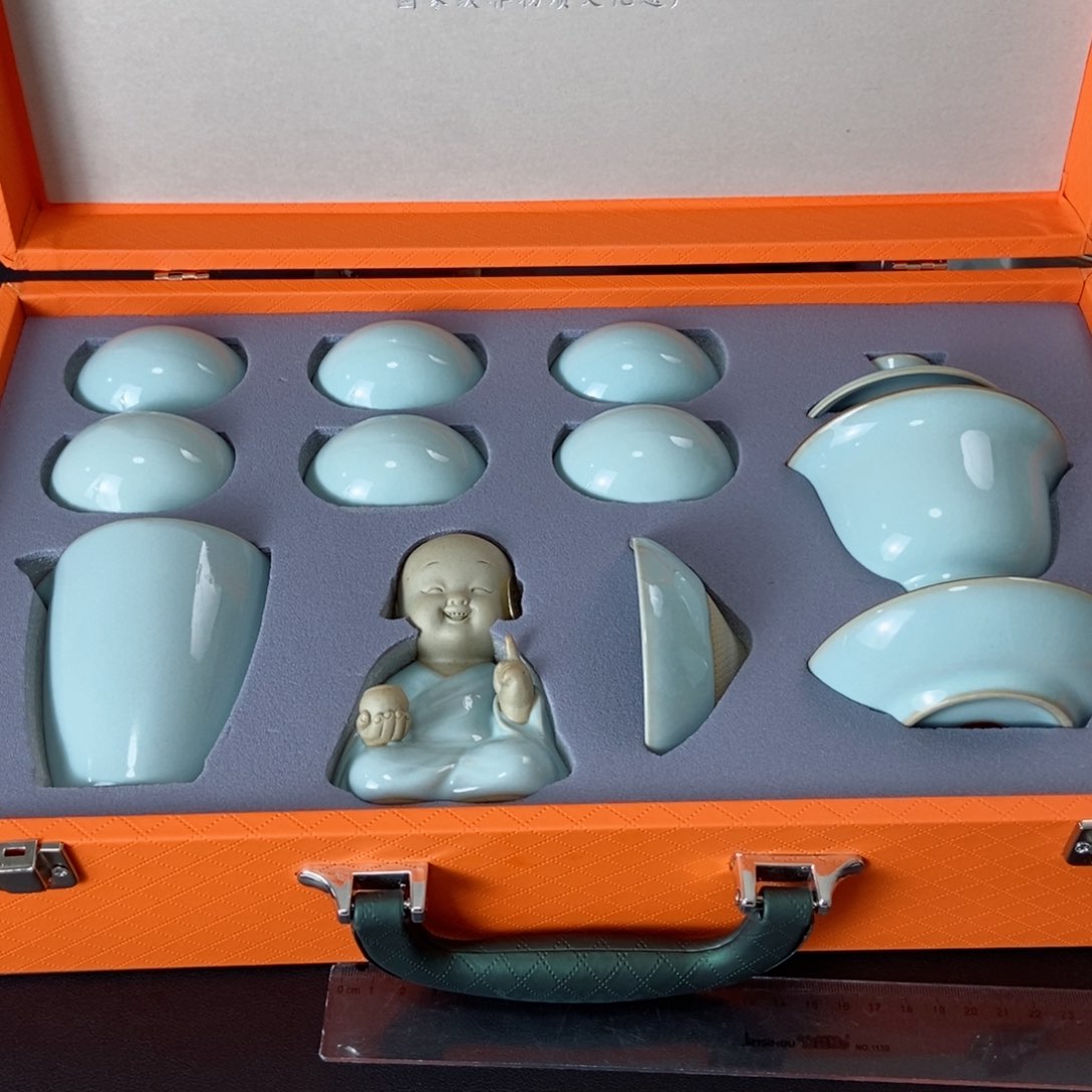 天青釉盖碗十件套