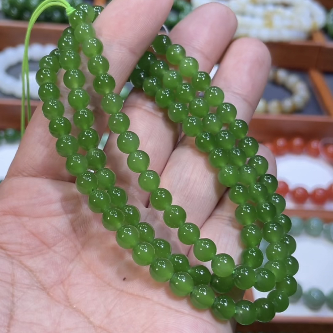 和田玉俄料碧玉老料冰阳绿多圈项链6mm