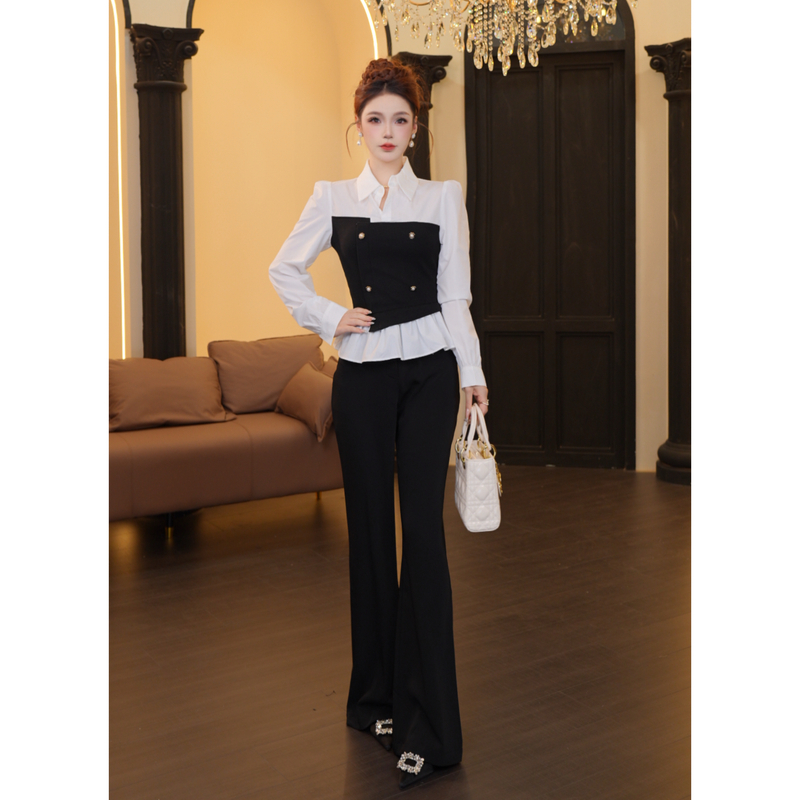 【温迪专属】A-054秋季时尚套装女收腰衬衫+裤子两件套 JX012