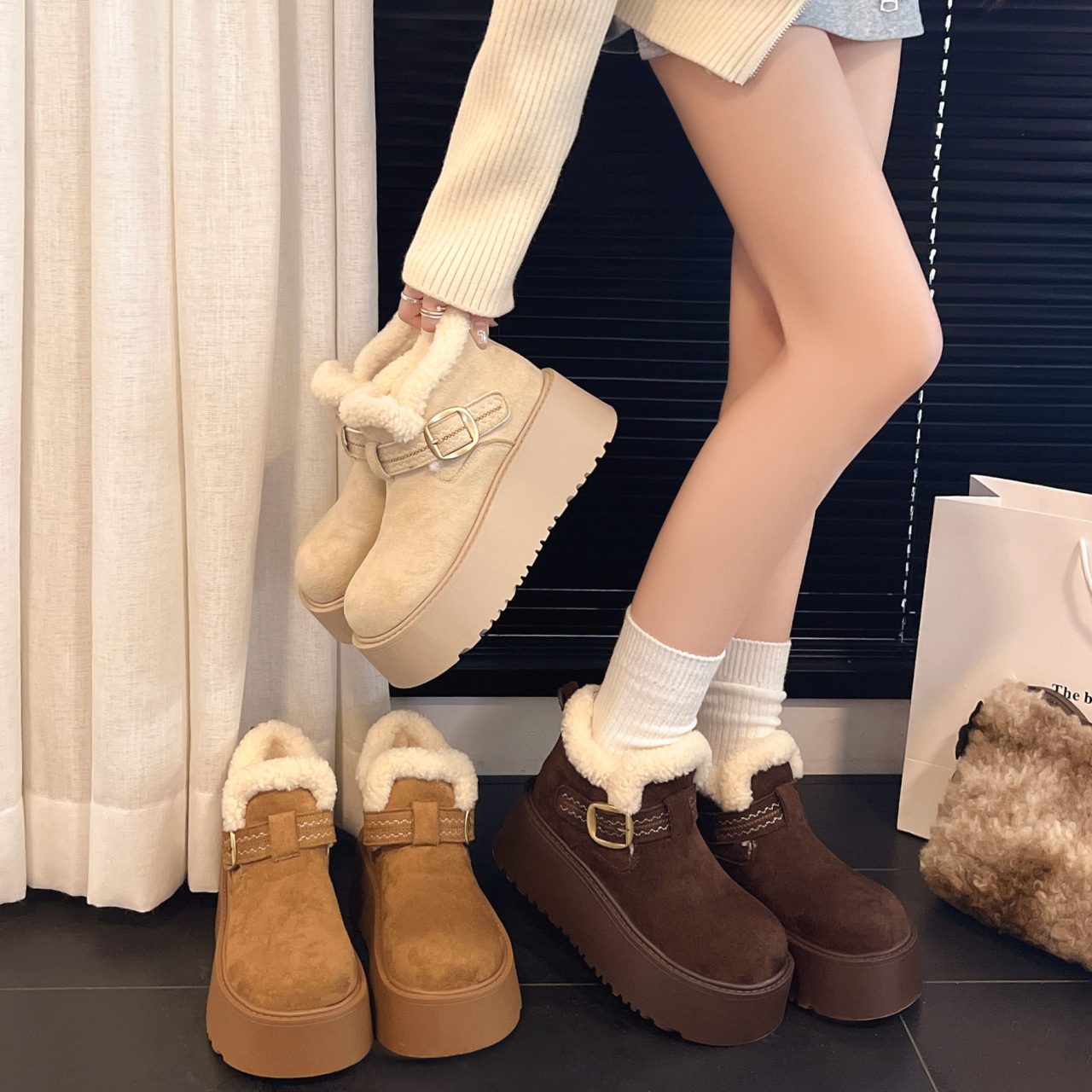 秋冬时尚复古风厚底软底勃肯鞋加绒舒适加厚外穿休闲保暖毛毛鞋