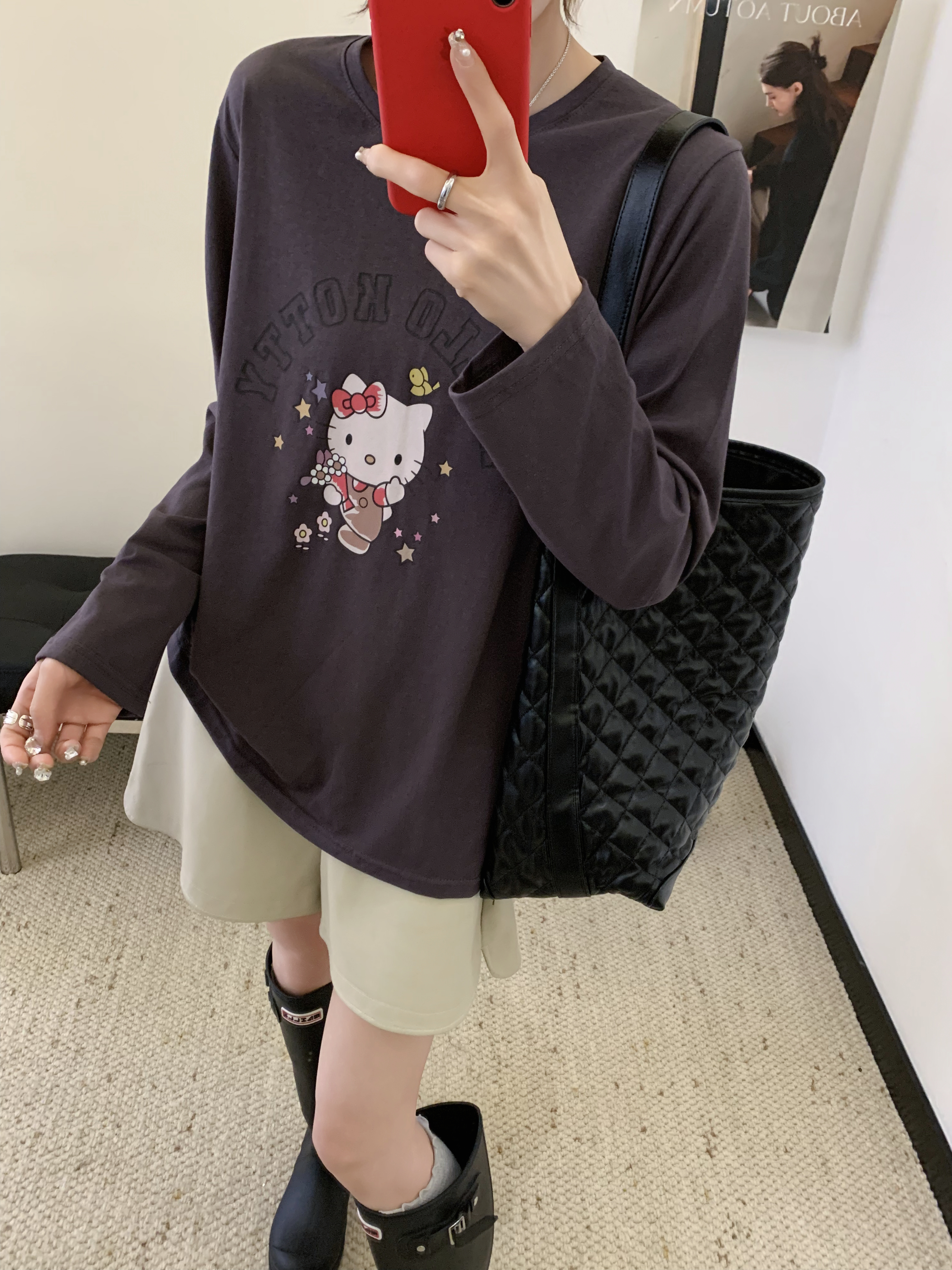 韩系爆款穿搭宽松遮肉雪花棉印花防晒长袖针织卡通灰色T恤罩衫