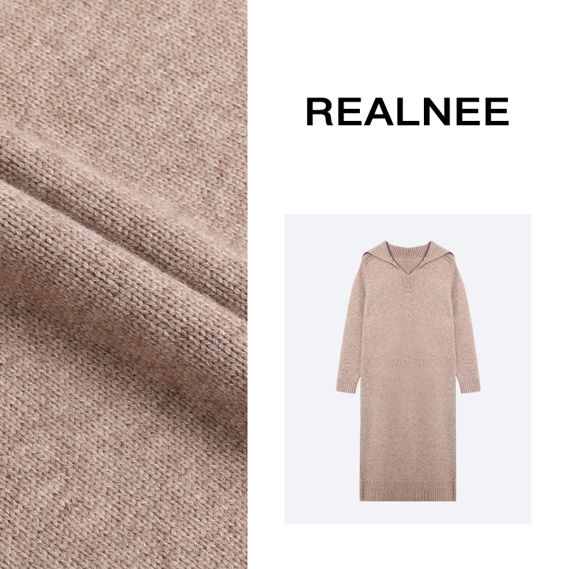 【REALNEE】翻领眻毛裙抗起球过膝连衣裙保暖加厚秋冬慵懒感11127