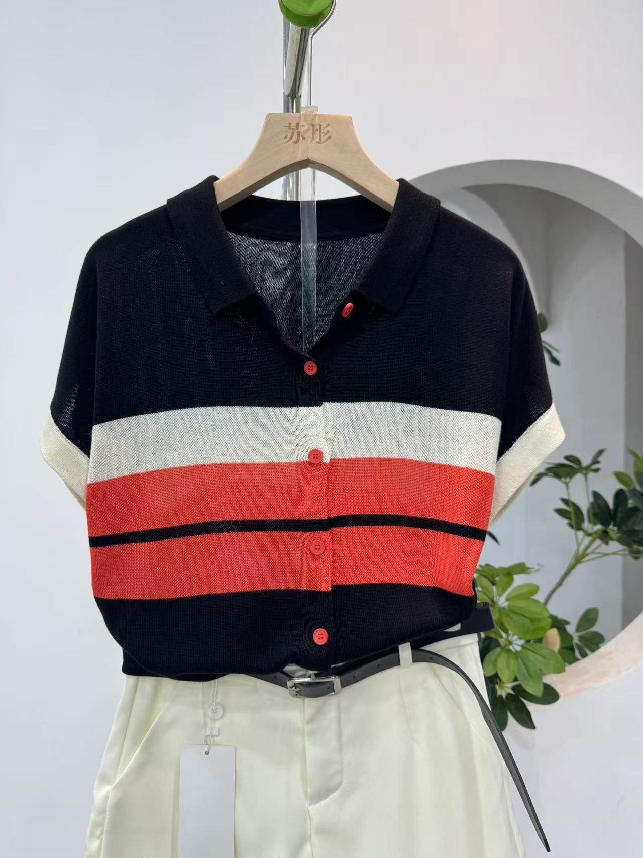 【采橘】短袖常规粗横条纹男友风T恤潮流拼色黑色撞色