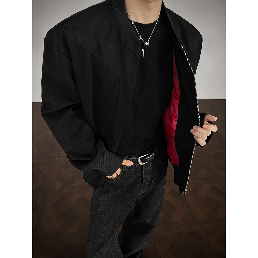 倒三角解构设计红内夹克男秋季水洗棉重磅棒球服短款美式痞帅外套