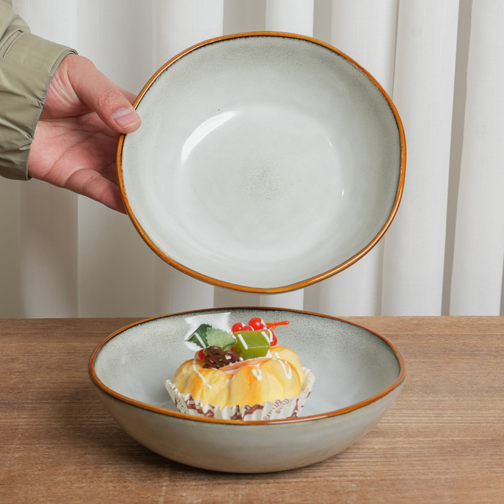 菜碗釉下彩陶瓷碗窑变复古米白异形口日式复古家用菜碗E2A