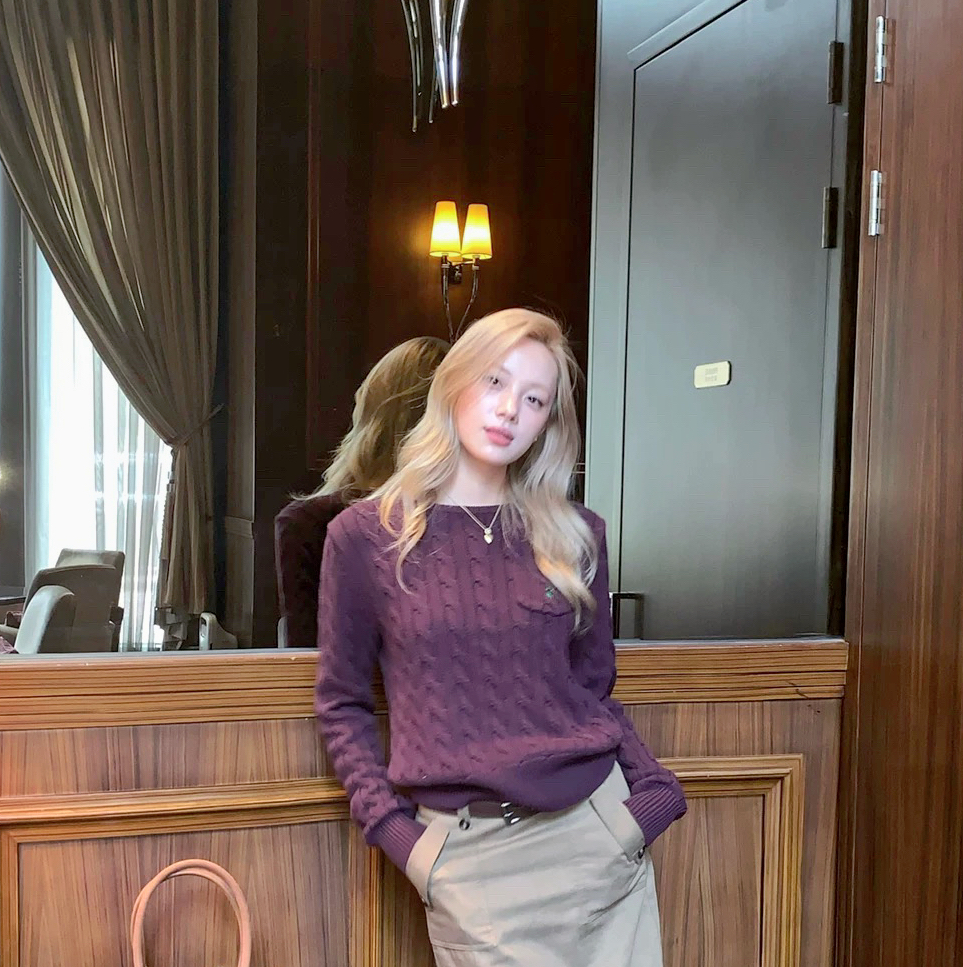 黛丽恋曲 紫色圆领修身针织衫女2025初秋新款长袖毛衣上衣C 9290